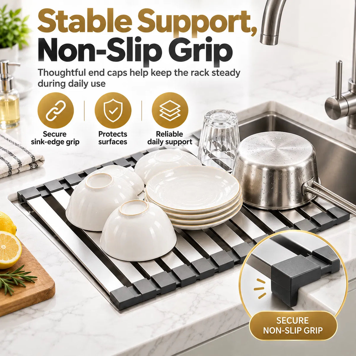 AEELLEEA Roll Up Over Sink Dish Drying Rack, 17.7 x 12.8 in 304 Stainless Steel Foldable Sink Drainer Mat for Kitchen Counter