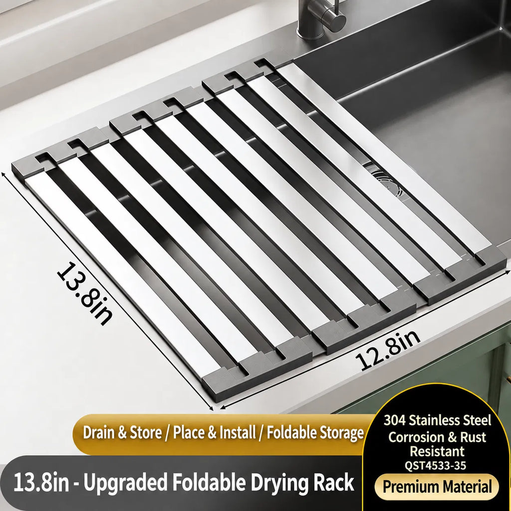 AEELLEEA Roll Up Over Sink Dish Drying Rack, 13.8 x 12.8 in 304 Stainless Steel Foldable Sink Drainer Mat for Kitchen Counter