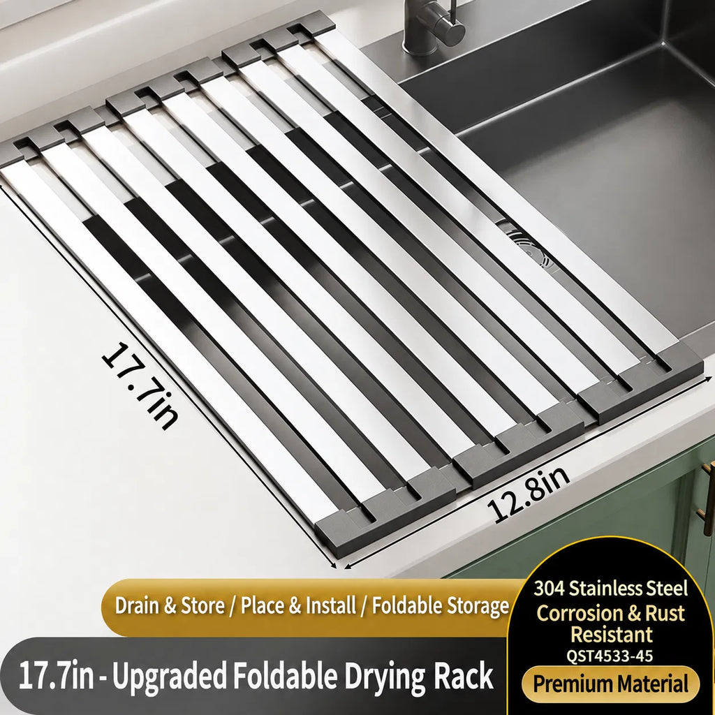 AEELLEEA Roll Up Over Sink Dish Drying Rack, 17.7 x 12.8 in 304 Stainless Steel Foldable Sink Drainer Mat for Kitchen Counter
