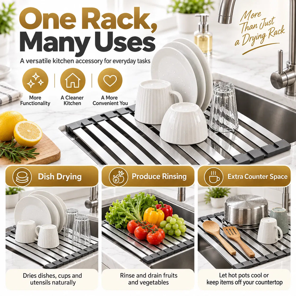 AEELLEEA Roll Up Over Sink Dish Drying Rack, 17.7 x 12.8 in 304 Stainless Steel Foldable Sink Drainer Mat for Kitchen Counter