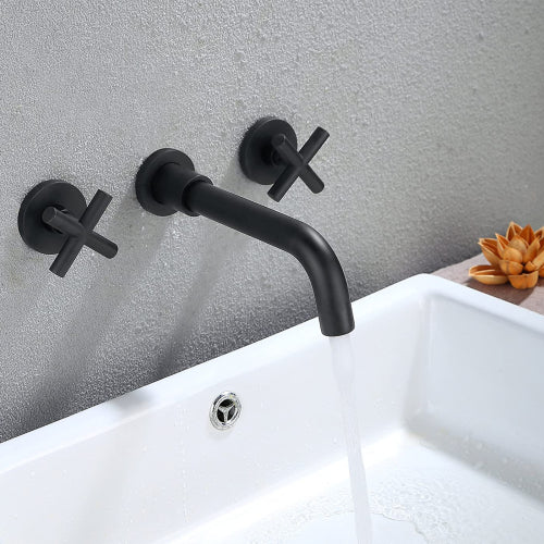 AEELLEEA Matte Black Wall Mount Bathroom Faucet, 3-Hole 360° Swivel Spout, Cross Handle Widespread Lavatory Tap