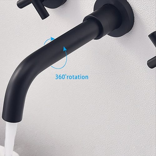 AEELLEEA Matte Black Wall Mount Bathroom Faucet, 3-Hole 360° Swivel Spout, Cross Handle Widespread Lavatory Tap