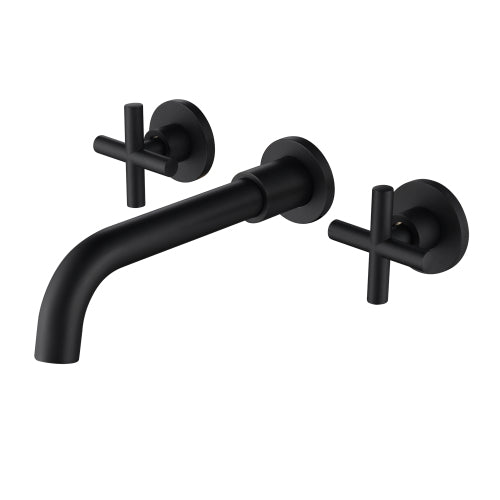 AEELLEEA Matte Black Wall Mount Bathroom Faucet, 3-Hole 360° Swivel Spout, Cross Handle Widespread Lavatory Tap