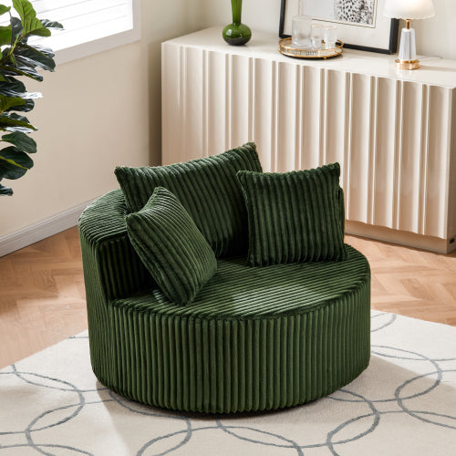 AEELLEEA Round Corduroy Swivel Accent Chair, Oversized Barrel Chair with 3 Throw Pillows, 45.87in, Green Cord Upholstered Lounge Sofa Chair