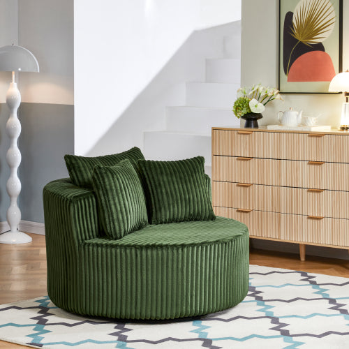 AEELLEEA Round Corduroy Swivel Accent Chair, Oversized Barrel Chair with 3 Throw Pillows, 45.87in, Green Cord Upholstered Lounge Sofa Chair