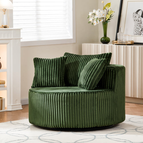 AEELLEEA Round Corduroy Swivel Accent Chair, Oversized Barrel Chair with 3 Throw Pillows, 45.87in, Green Cord Upholstered Lounge Sofa Chair