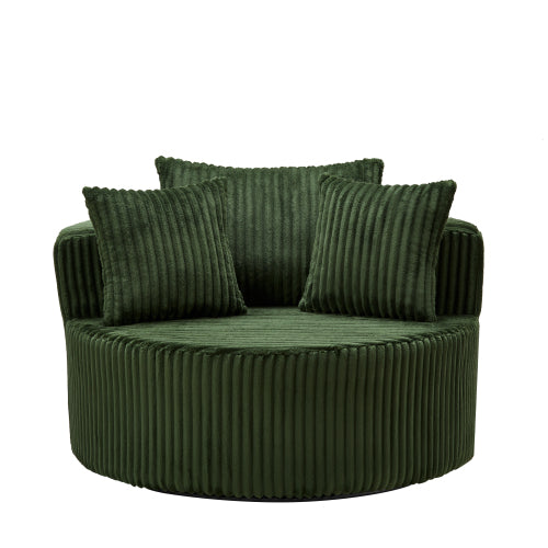 AEELLEEA Round Corduroy Swivel Accent Chair, Oversized Barrel Chair with 3 Throw Pillows, 45.87in, Green Cord Upholstered Lounge Sofa Chair