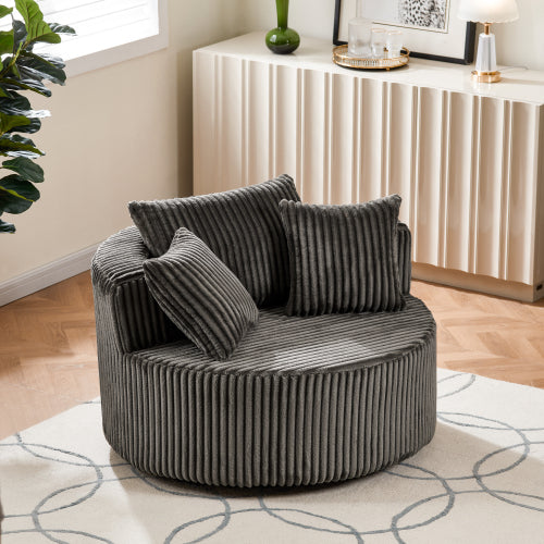 AEELLEEA Grey Corduroy Round Swivel Barrel Chair, Oversized Accent Lounge Chair with 3 Pillows, 45.87in Upholstered Single Sofa