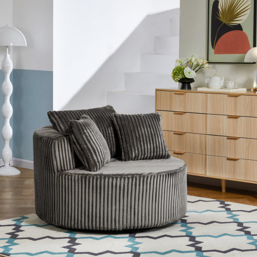 AEELLEEA Grey Corduroy Round Swivel Barrel Chair, Oversized Accent Lounge Chair with 3 Pillows, 45.87in Upholstered Single Sofa
