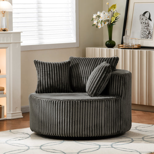 AEELLEEA Grey Corduroy Round Swivel Barrel Chair, Oversized Accent Lounge Chair with 3 Pillows, 45.87in Upholstered Single Sofa
