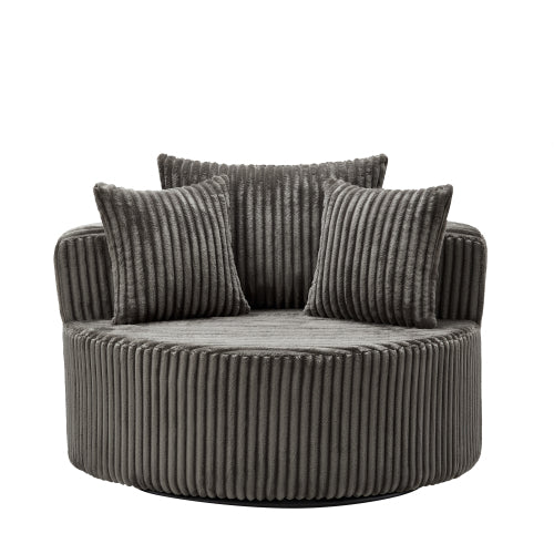 AEELLEEA Grey Corduroy Round Swivel Barrel Chair, Oversized Accent Lounge Chair with 3 Pillows, 45.87in Upholstered Single Sofa