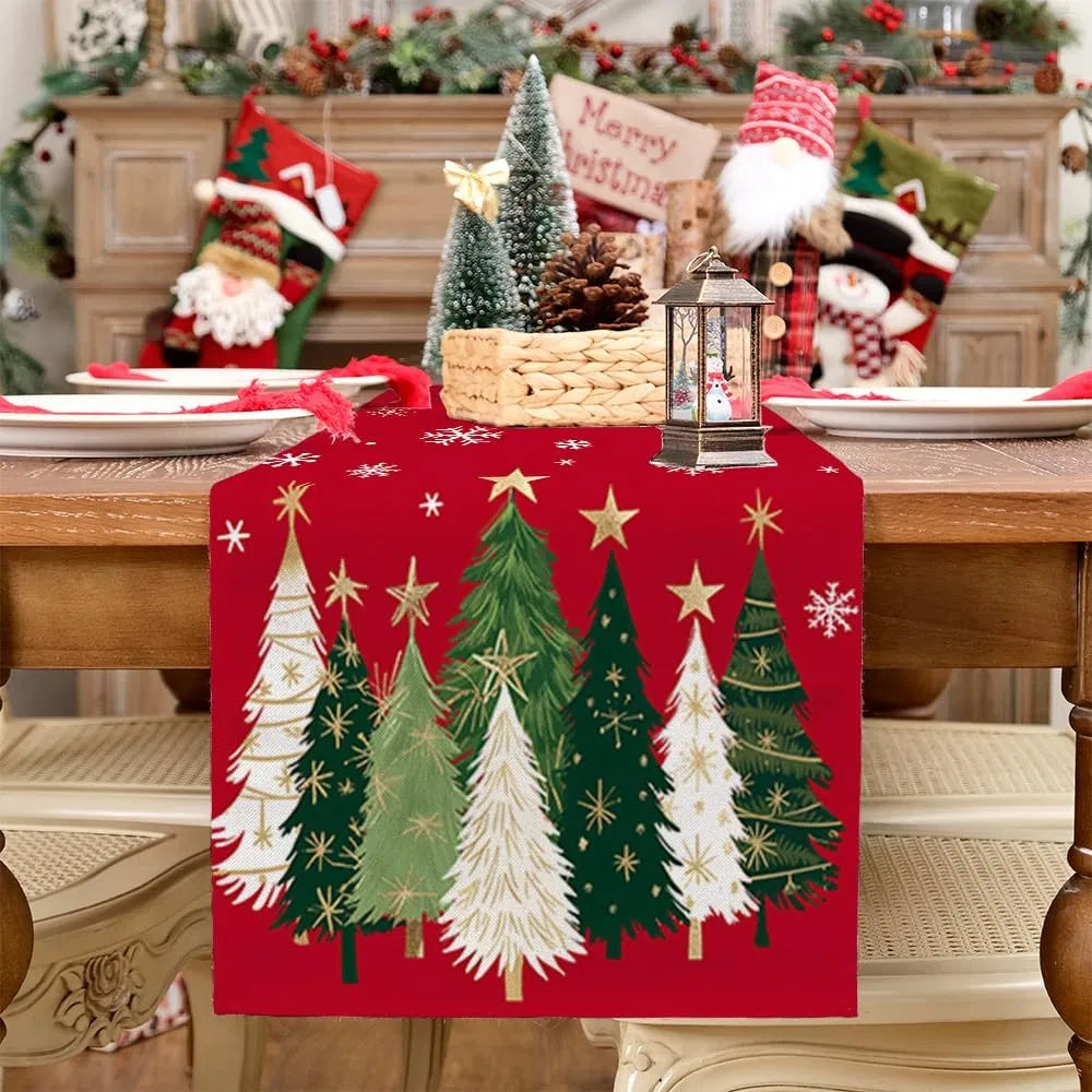 Christmas Table Runner 13 x 72 Inch, Red Xmas Tree Snowflake Pattern, Faux Linen Polyester Holiday Table Decor for Dining Table, Farmhouse Winter Party