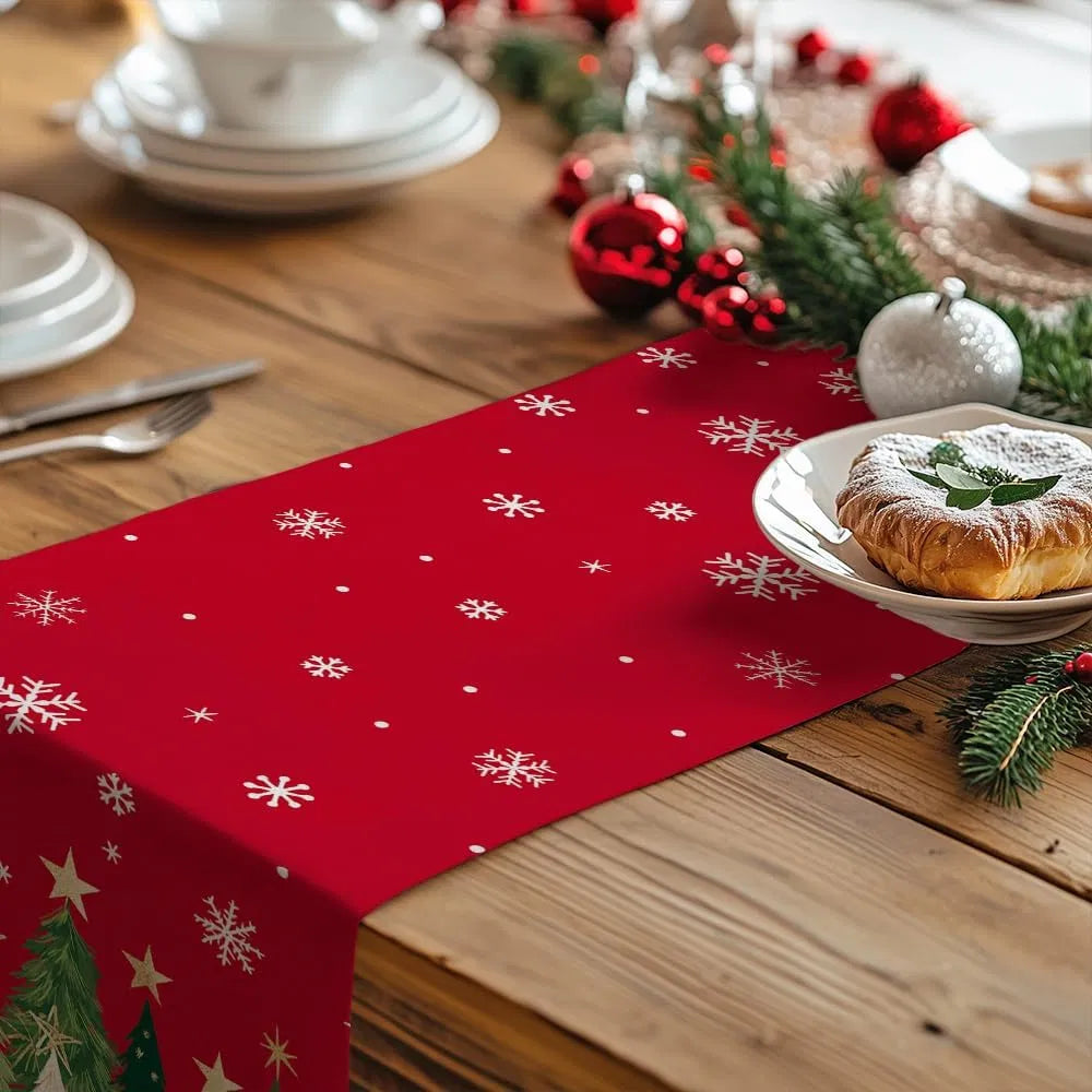 Christmas Table Runner 13 x 72 Inch, Red Xmas Tree Snowflake Pattern, Faux Linen Polyester Holiday Table Decor for Dining Table, Farmhouse Winter Party