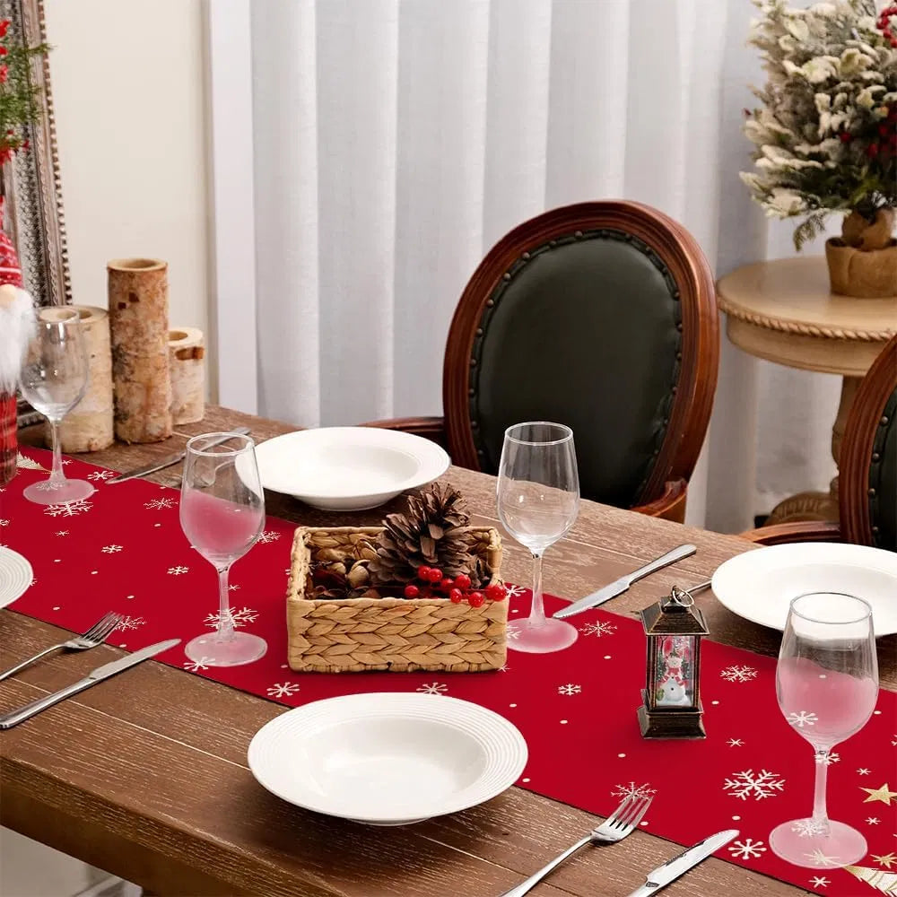 Christmas Table Runner 13 x 72 Inch, Red Xmas Tree Snowflake Pattern, Faux Linen Polyester Holiday Table Decor for Dining Table, Farmhouse Winter Party