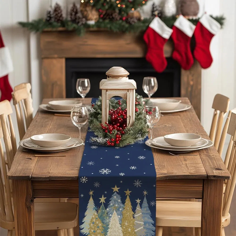 Christmas Table Runner 13×72 Inch, Navy Blue Xmas Tree Snowflake Print, Farmhouse Holiday Table Decor for Kitchen Dining, Indoor Outdoor Christmas Party Decor