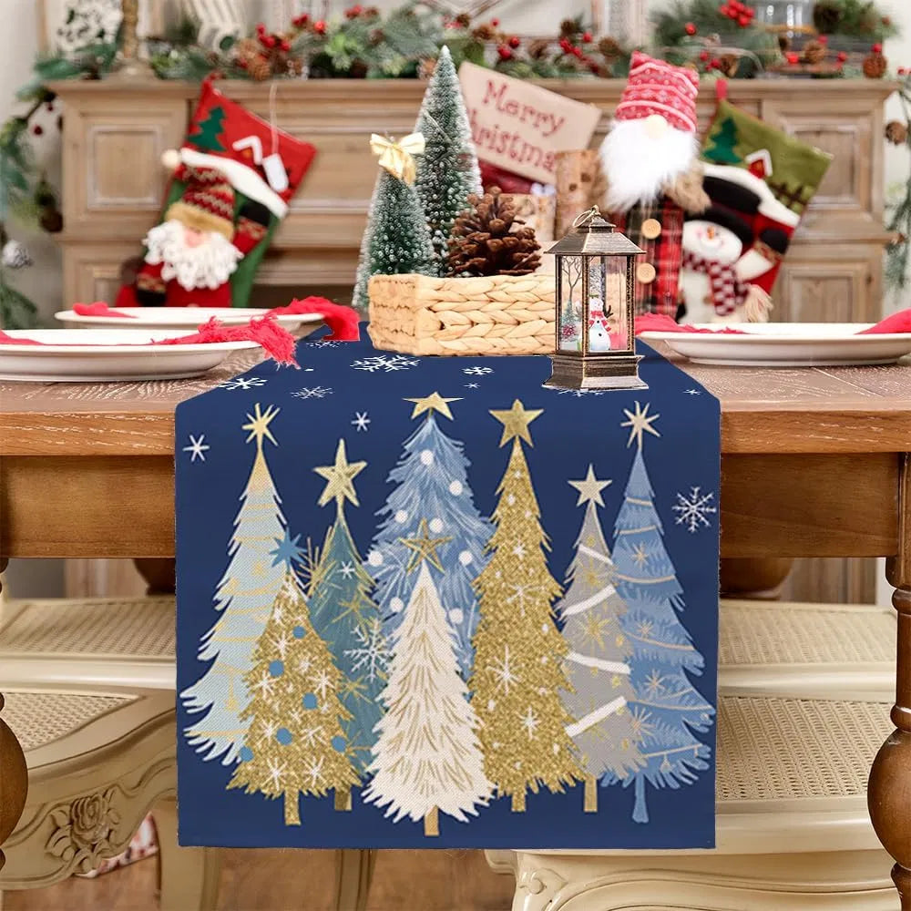 Christmas Table Runner 13×72 Inch, Navy Blue Xmas Tree Snowflake Print, Farmhouse Holiday Table Decor for Kitchen Dining, Indoor Outdoor Christmas Party Decor