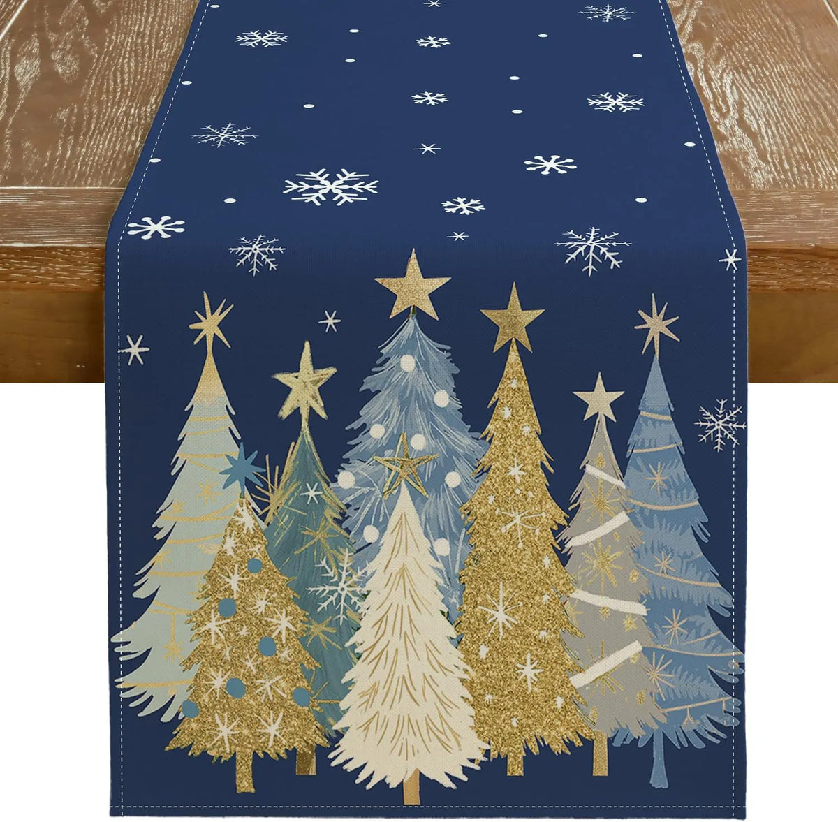 Christmas Table Runner 13×72 Inch, Navy Blue Xmas Tree Snowflake Print, Farmhouse Holiday Table Decor for Kitchen Dining, Indoor Outdoor Christmas Party Decor