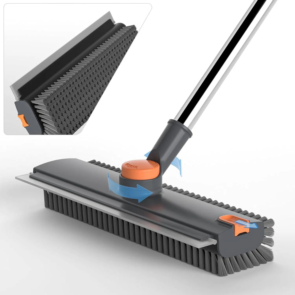 AEELLEEA 3 in 1 Floor Scrub Brush with Squeegee and Tweezer, 52 in Long Handle, 360 Rotating V-Shaped Stiff Bristle Brush for Bathroom