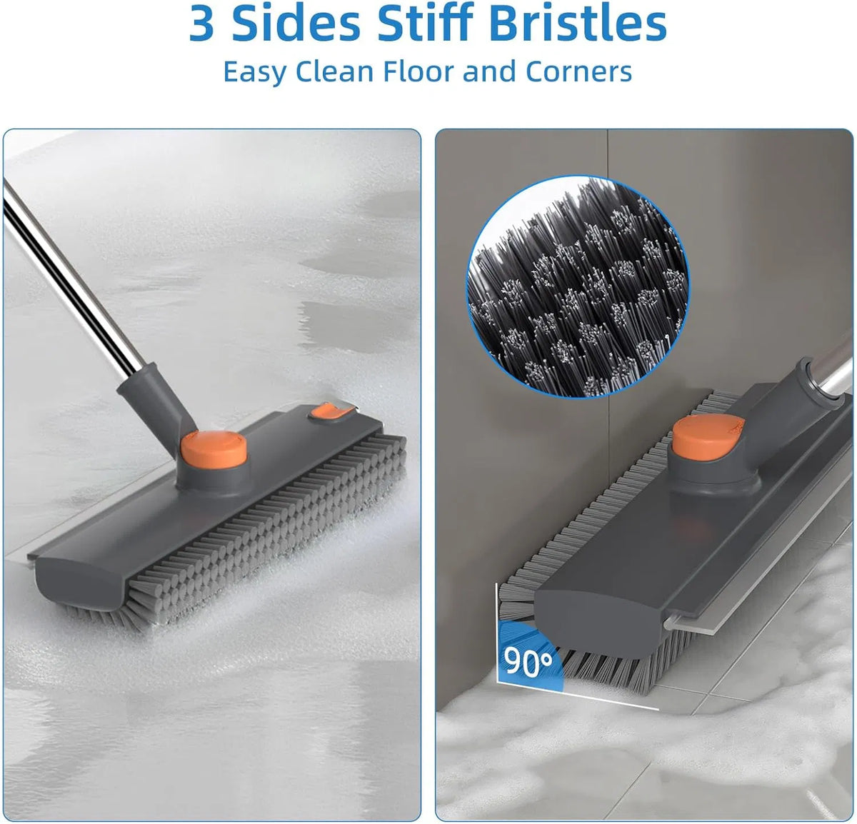 AEELLEEA 3 in 1 Floor Scrub Brush with Squeegee and Tweezer, 52 in Long Handle, 360 Rotating V-Shaped Stiff Bristle Brush for Bathroom