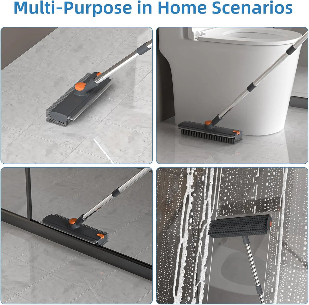 AEELLEEA 3 in 1 Floor Scrub Brush with Squeegee and Tweezer, 52 in Long Handle, 360 Rotating V-Shaped Stiff Bristle Brush for Bathroom