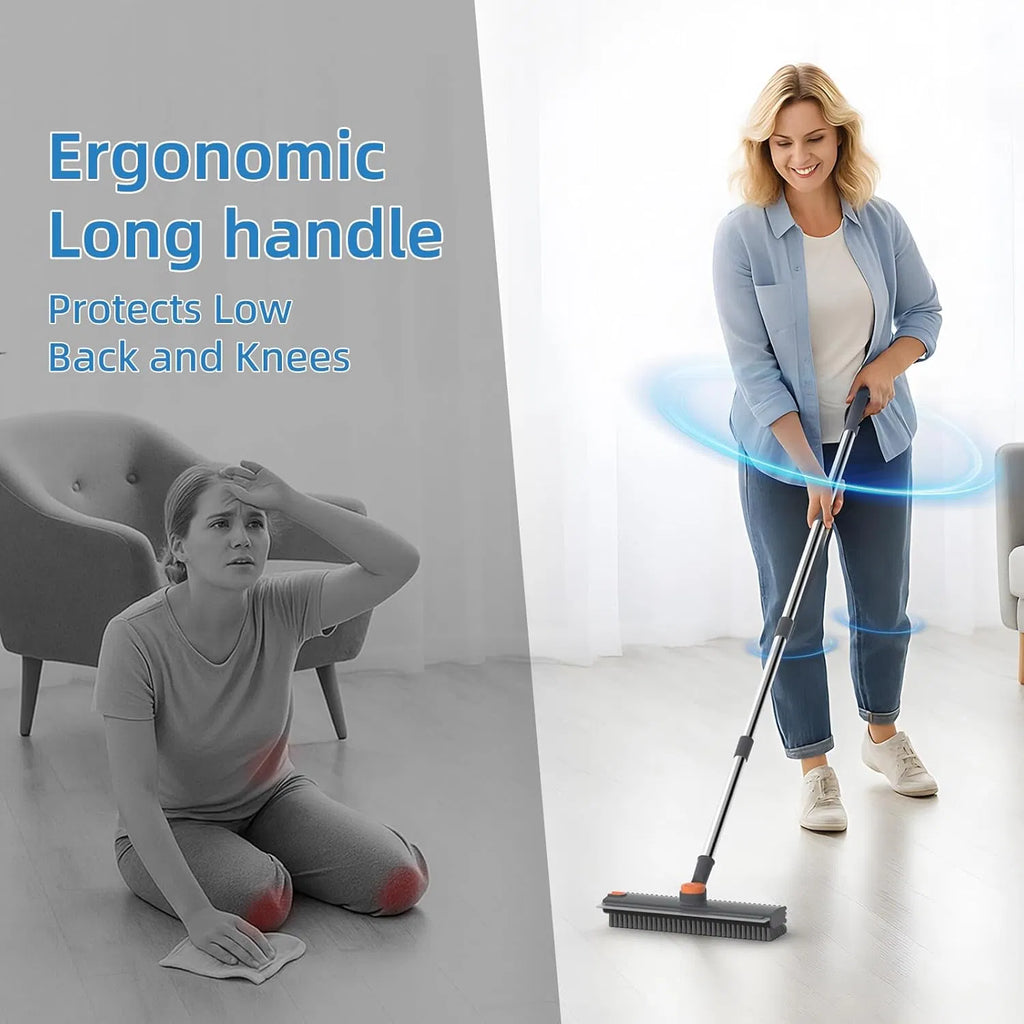 AEELLEEA 3 in 1 Floor Scrub Brush with Squeegee and Tweezer, 52 in Long Handle, 360 Rotating V-Shaped Stiff Bristle Brush for Bathroom