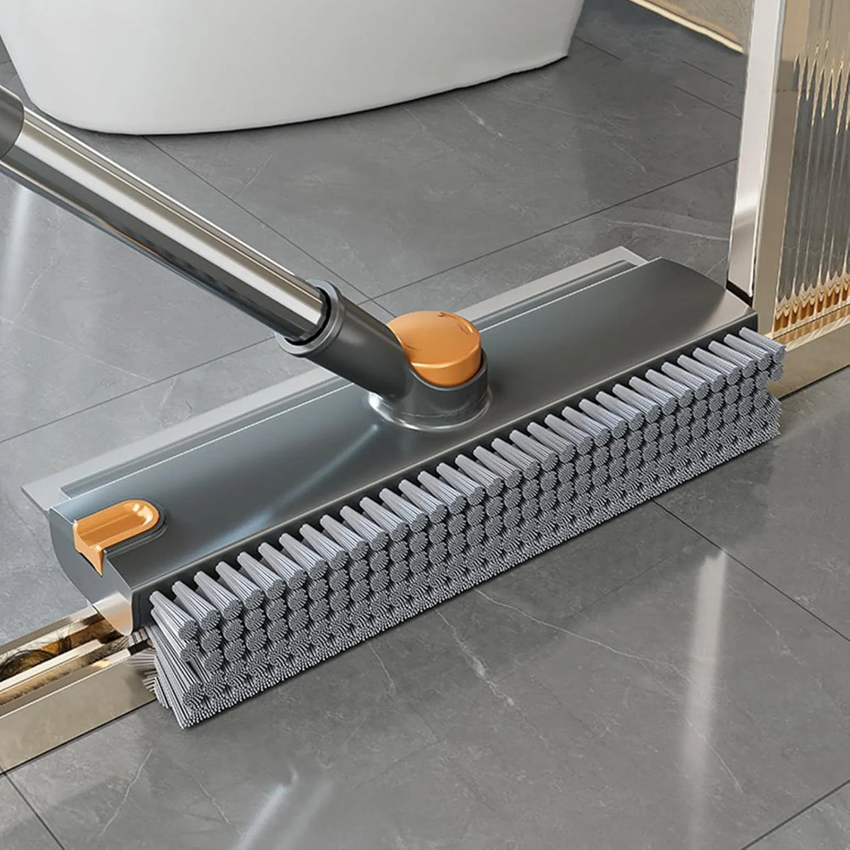AEELLEEA 3 in 1 Floor Scrub Brush with Squeegee and Tweezer, 52 in Long Handle, 360 Rotating V-Shaped Stiff Bristle Brush for Bathroom