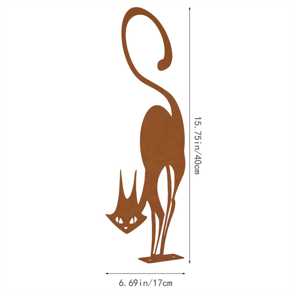 AEELLEEA Rusty Metal Cat Garden Statue, 15.75 in Wrought Iron Black Cat Silhouette with Stake Base, Halloween Outdoor Yard Fence Decor