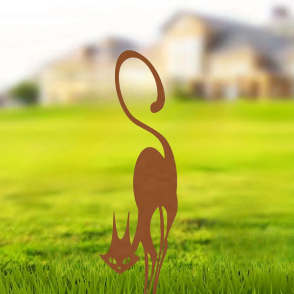 AEELLEEA Rusty Metal Cat Garden Statue, 15.75 in Wrought Iron Black Cat Silhouette with Stake Base, Halloween Outdoor Yard Fence Decor