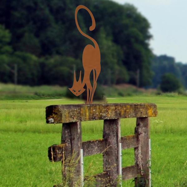 AEELLEEA Rusty Metal Cat Garden Statue, 15.75 in Wrought Iron Black Cat Silhouette with Stake Base, Halloween Outdoor Yard Fence Decor