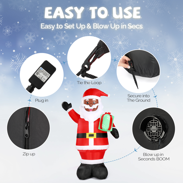 AEELLEEA 7 FT Black Santa Christmas Inflatable, LED Light Up African American Santa with Gift, Built in Fan for Yard Lawn