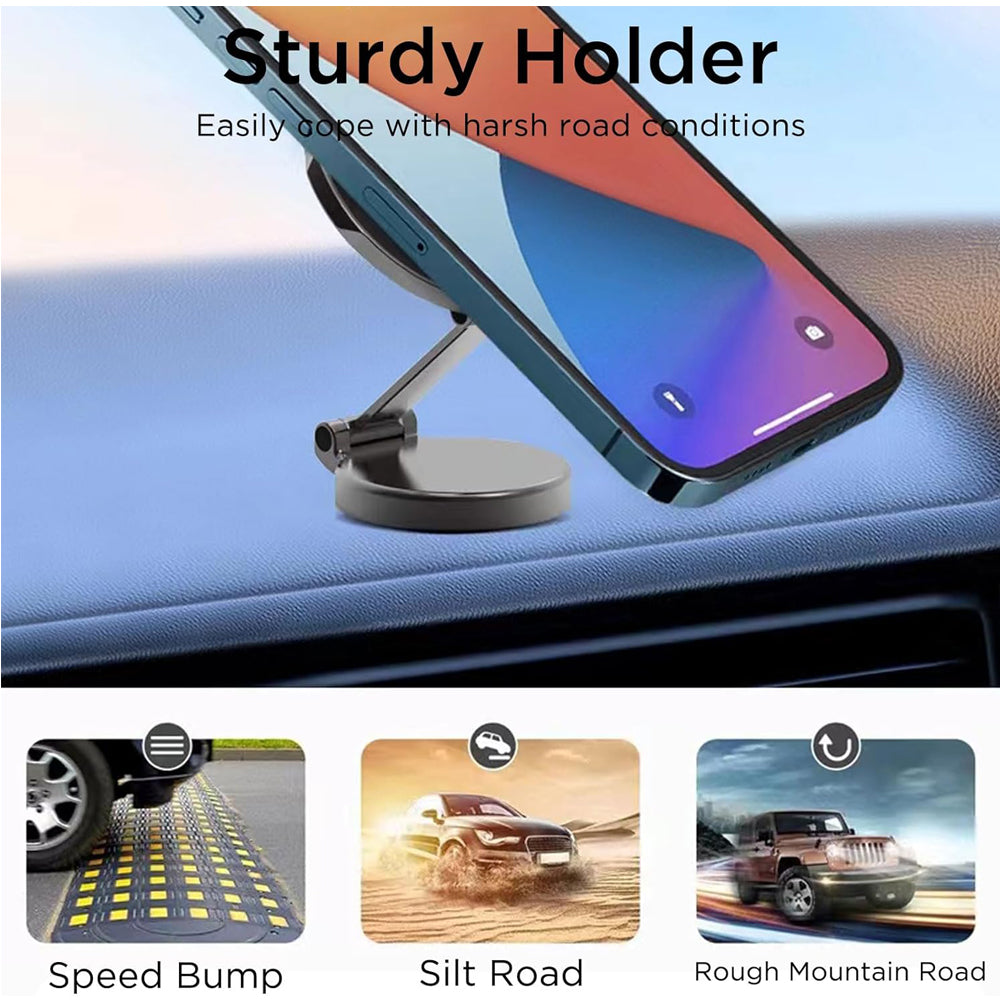 AEELLEEA Magnetic Car Phone Mount, Foldable Zinc Alloy Dashboard Holder, 360 Adjustable, Compatible with MagSafe iPhone and Android