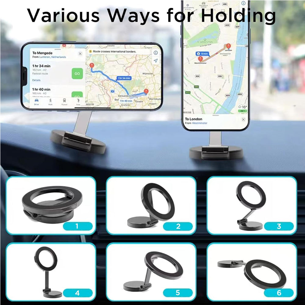 AEELLEEA Magnetic Car Phone Mount, Foldable Zinc Alloy Dashboard Holder, 360 Adjustable, Compatible with MagSafe iPhone and Android
