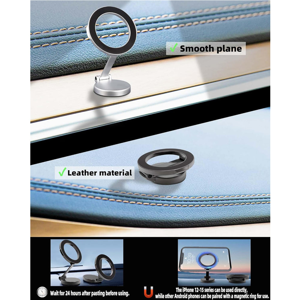 AEELLEEA Magnetic Car Phone Mount, Foldable Zinc Alloy Dashboard Holder, 360 Adjustable, Compatible with MagSafe iPhone and Android
