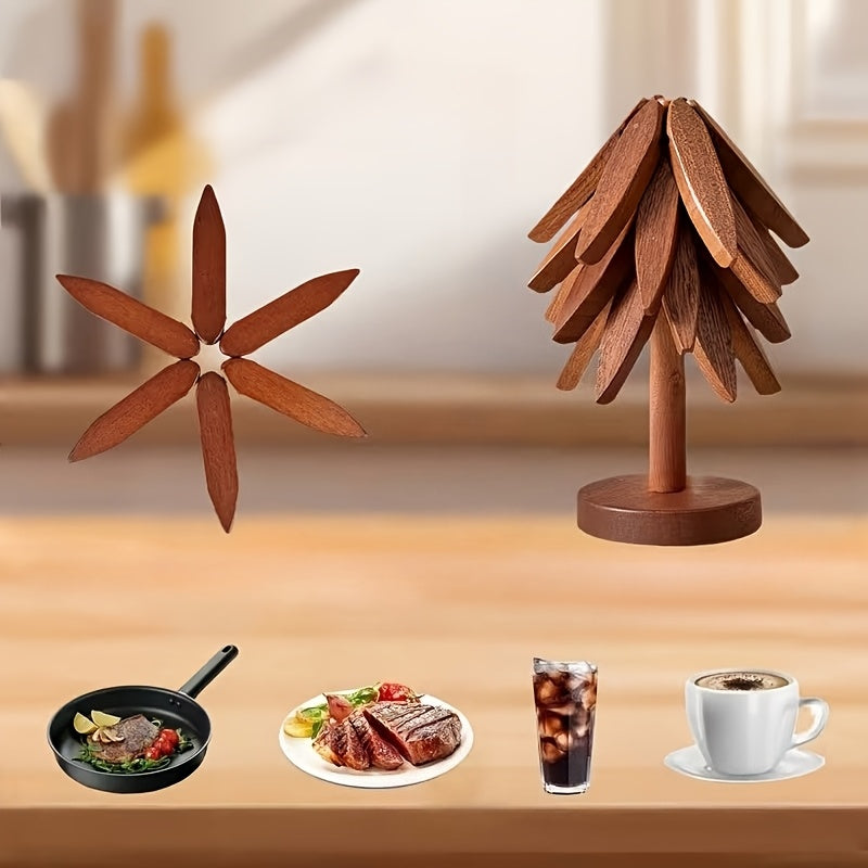 AEELLEEA Tree Shaped Wooden Trivet, Foldable Star Hot Pads for Hot Dishes, Heat Resistant Solid Wood Pot Holder for Kitchen Counter