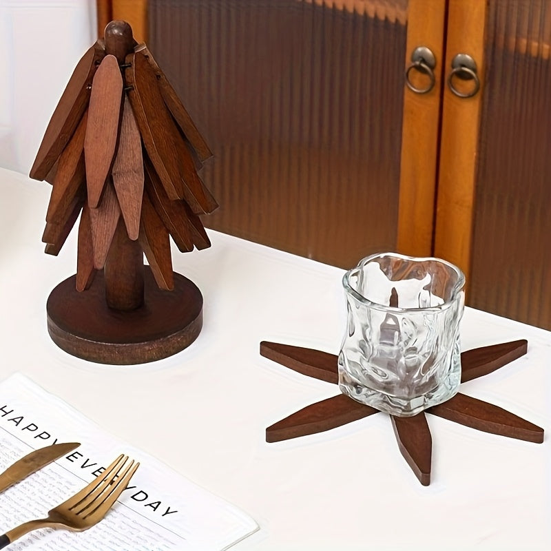 AEELLEEA Tree Shaped Wooden Trivet, Foldable Star Hot Pads for Hot Dishes, Heat Resistant Solid Wood Pot Holder for Kitchen Counter