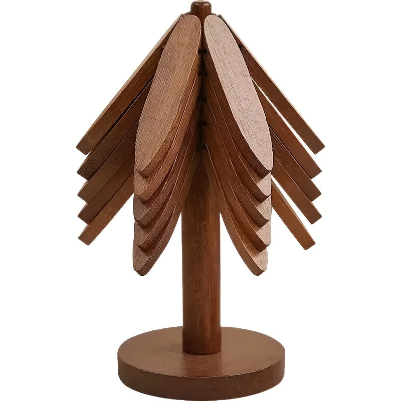 AEELLEEA Tree Shaped Wooden Trivet, Foldable Star Hot Pads for Hot Dishes, Heat Resistant Solid Wood Pot Holder for Kitchen Counter