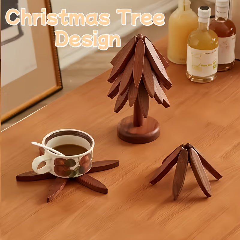 AEELLEEA Tree Shaped Wooden Trivet, Foldable Star Hot Pads for Hot Dishes, Heat Resistant Solid Wood Pot Holder for Kitchen Counter