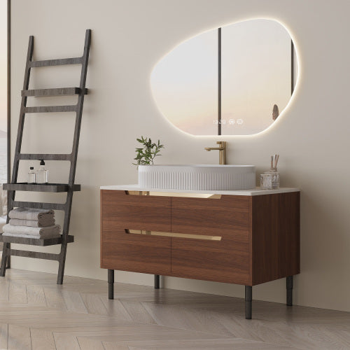 AEELLEEA 36 Inch Wood Grain Bathroom Vanity with White Fluted Oval Vessel Sink, Freestanding Cabinet, Adjustable Legs & Gold Pull Handles
