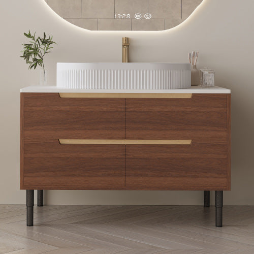 AEELLEEA 36 Inch Wood Grain Bathroom Vanity with White Fluted Oval Vessel Sink, Freestanding Cabinet, Adjustable Legs & Gold Pull Handles