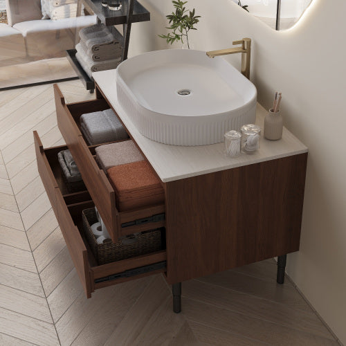 AEELLEEA 36 Inch Wood Grain Bathroom Vanity with White Fluted Oval Vessel Sink, Freestanding Cabinet, Adjustable Legs & Gold Pull Handles