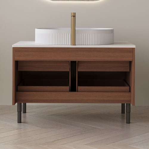 AEELLEEA 36 Inch Wood Grain Bathroom Vanity with White Fluted Oval Vessel Sink, Freestanding Cabinet, Adjustable Legs & Gold Pull Handles