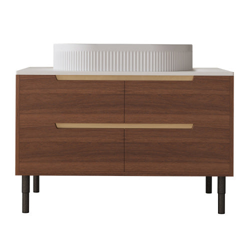 AEELLEEA 36 Inch Wood Grain Bathroom Vanity with White Fluted Oval Vessel Sink, Freestanding Cabinet, Adjustable Legs & Gold Pull Handles