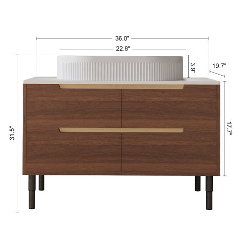 AEELLEEA 36 Inch Wood Grain Bathroom Vanity with White Fluted Oval Vessel Sink, Freestanding Cabinet, Adjustable Legs & Gold Pull Handles