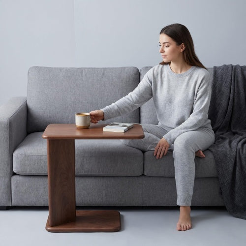 AEELLEEA C-Shaped Wood Side Table, 24 Inch Slide Under Sofa End Table, Walnut Grain Accent Table for Living Room Bedroom