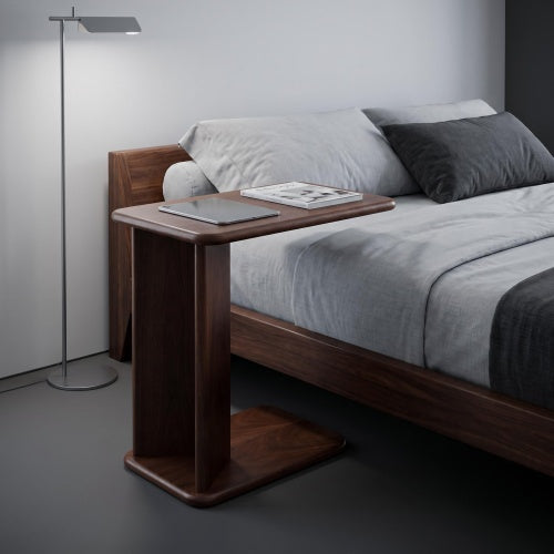 AEELLEEA C-Shaped Wood Side Table, 24 Inch Slide Under Sofa End Table, Walnut Grain Accent Table for Living Room Bedroom