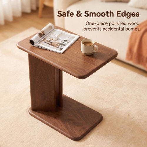 AEELLEEA C-Shaped Wood Side Table, 24 Inch Slide Under Sofa End Table, Walnut Grain Accent Table for Living Room Bedroom