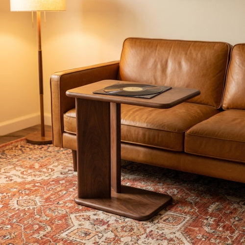AEELLEEA C-Shaped Wood Side Table, 24 Inch Slide Under Sofa End Table, Walnut Grain Accent Table for Living Room Bedroom