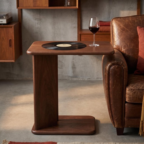 AEELLEEA C-Shaped Wood Side Table, 24 Inch Slide Under Sofa End Table, Walnut Grain Accent Table for Living Room Bedroom