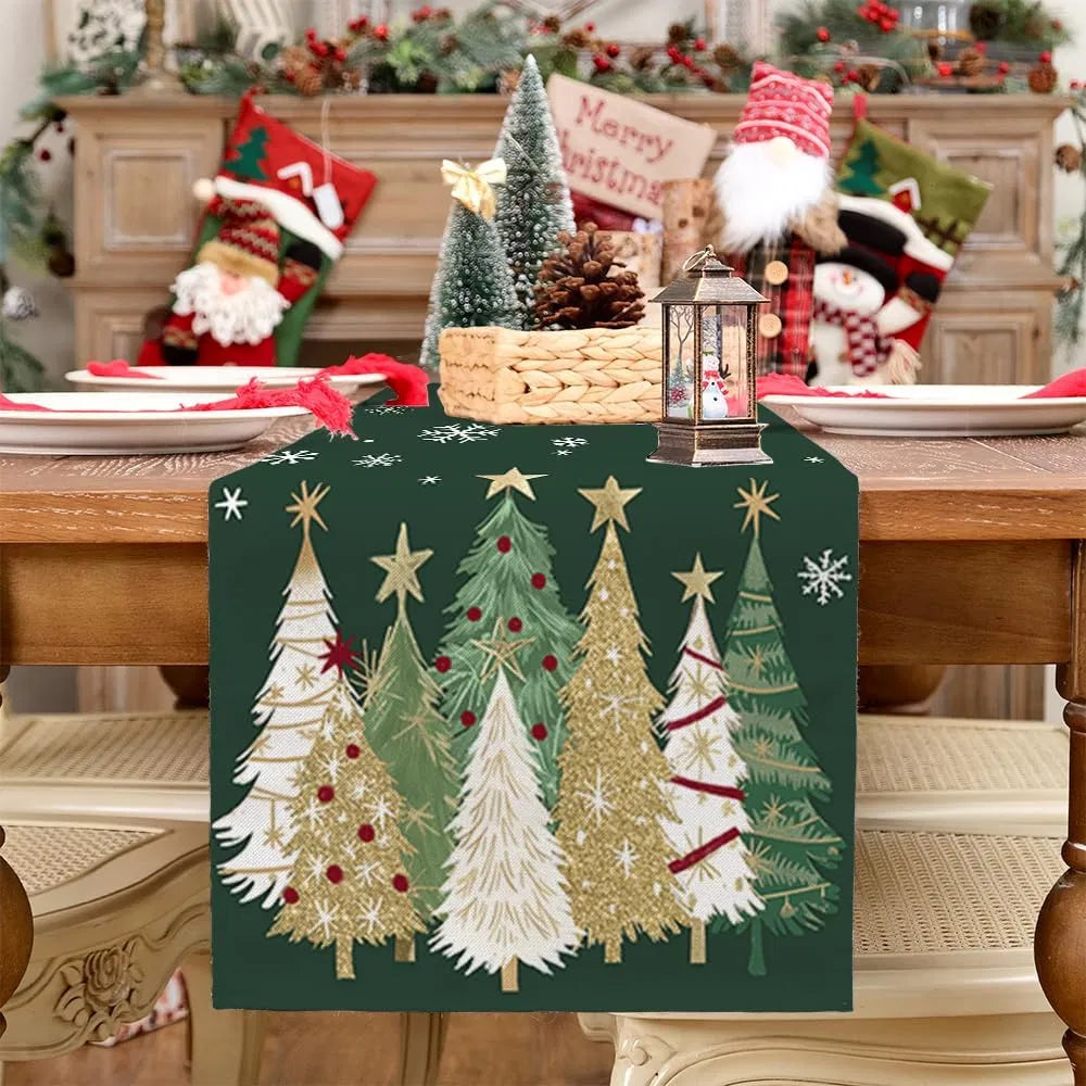 Christmas Table Runner 13x72 Inch, Green Xmas Tree Snowflake Farmhouse Table Decor, Winter Holiday Indoor Outdoor Dining Party Decoration