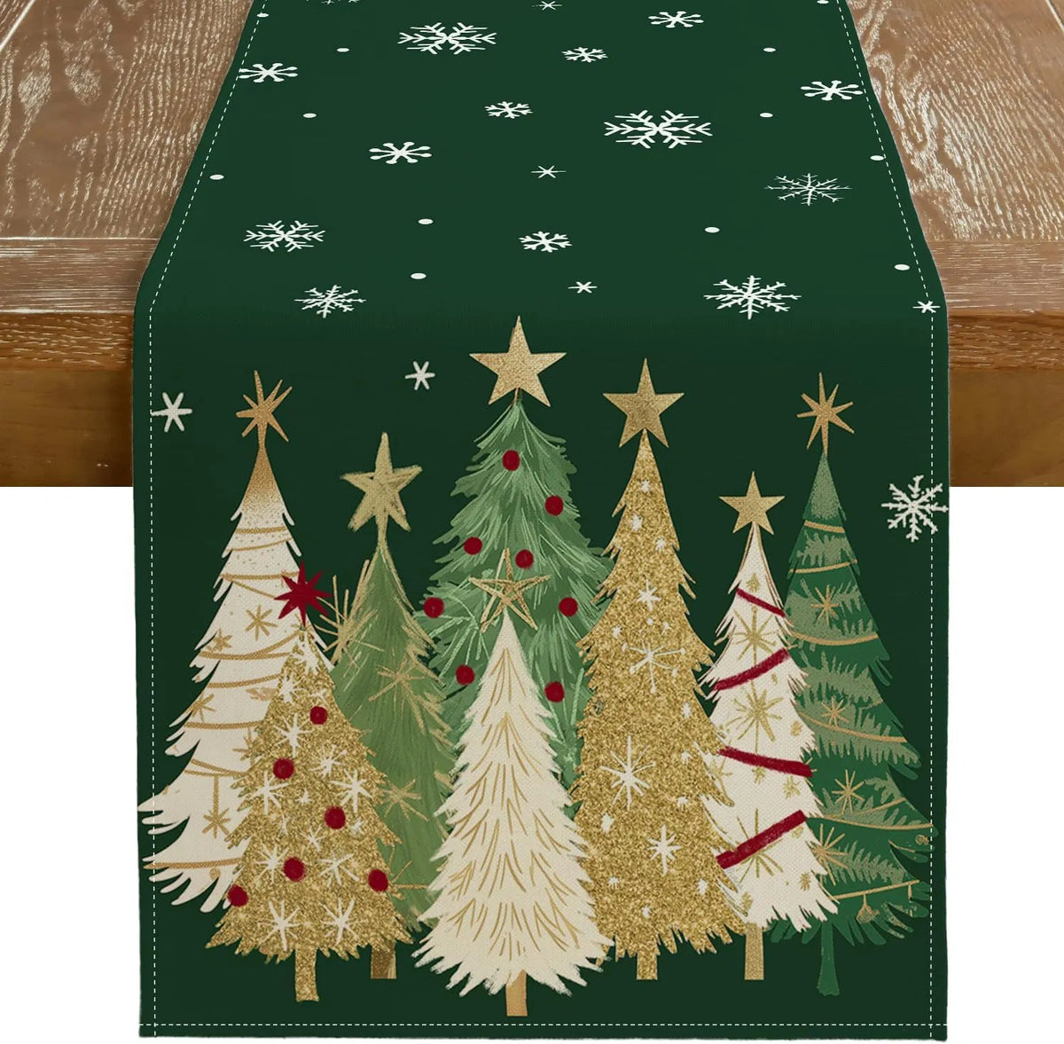 Christmas Table Runner 13x72 Inch, Green Xmas Tree Snowflake Farmhouse Table Decor, Winter Holiday Indoor Outdoor Dining Party Decoration